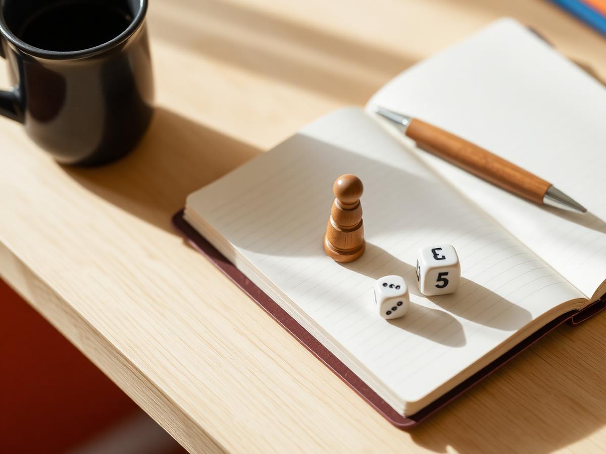 Détail de bureau : mug, cahier, dé et meeple
